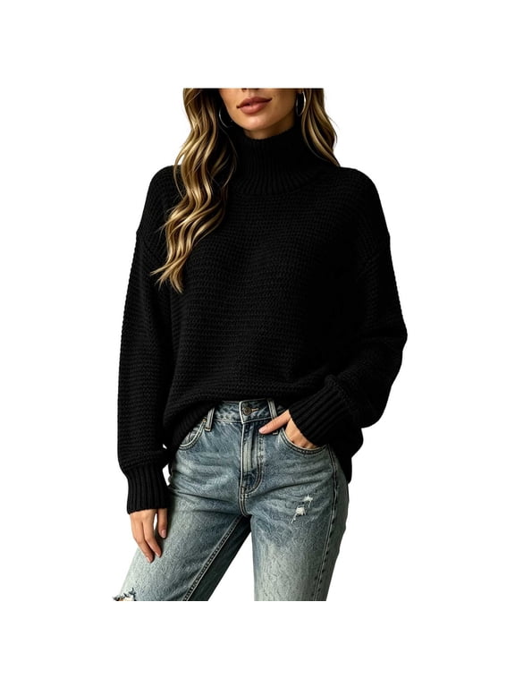 Oversized Sweaters for Women Long Sleeve High Neck Knit Pullover Tops Fall Winter Casual Sweater Fashion Clothing Black B M