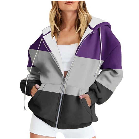 Kezqiaxn Oversized Sweatshirt for Women Color Block Drawstring Long Sleeve Casual Jacket with Pockets Zip Up Hoodie Women Winter Clothes