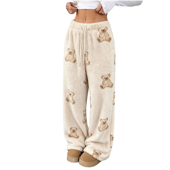 Kezqiaxn Pajama Pants Women Fleece Elastic Waist Warm Loose Bottoms Casual Loungewear Fall Winter Pj Pants Fashion Clothing Beige M