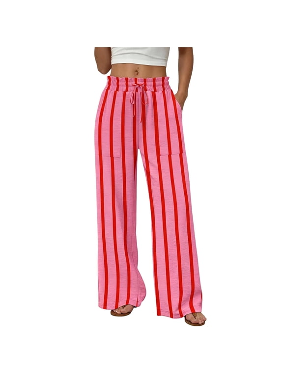 Pants for Women Summer Striped Elastic Waist Drawstring Lounge Wide Led Pants with Pockets Fashion Clothing