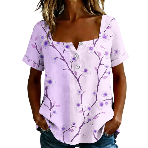 Kezqiaxn Plus Size Blouses for Women Floral Printed Short Sleeve Square Neckline Button Up Shirts Dressy Summer Tops