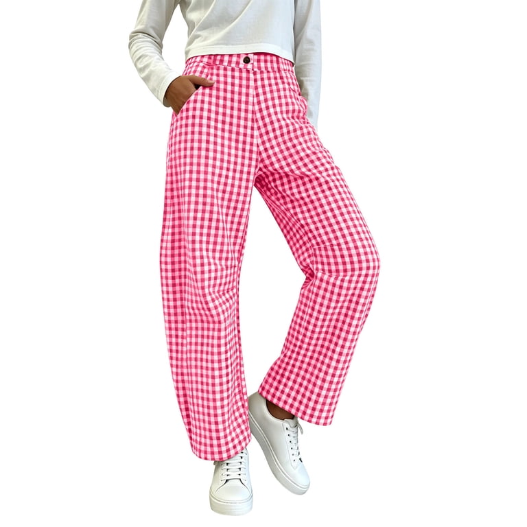 Kezqiaxn Plus Size Dress Pants Fashion Checkered Elastic Waist Loose Casual Pants with Pockets Women Trousers Summer Clothes, Women's, Size: 2XL