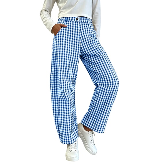 Kezqiaxn Plus Size Dress Pants Fashion Checkered Elastic Waist Loose Casual Pants with Pockets Women Trousers Summer Clothes
