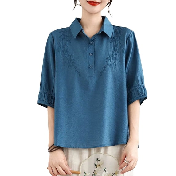 Kezqiaxn Plus Size Shirts for Women Vintage Embroidery Half Sleeve Collared Dressy Summer Tops Loose Fit Work Blouses
