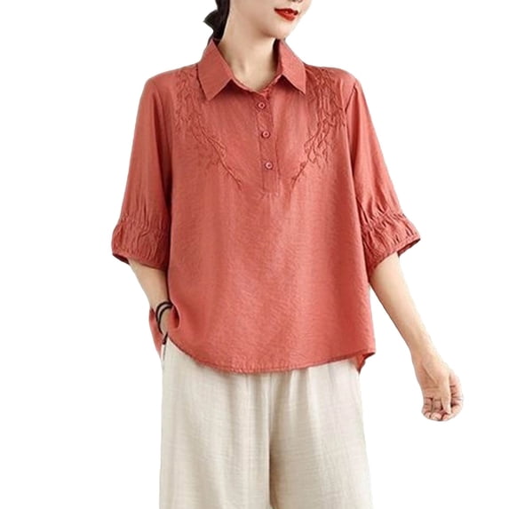 Kezqiaxn Plus Size Shirts for Women Vintage Embroidery Half Sleeve Collared Dressy Summer Tops Loose Fit Work Blouses