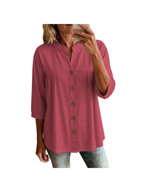 Plus Size Tops for Women Summer 3/4 Sleeve V-Neck Button Down Shirts Work Business Blouses Women's Clothing