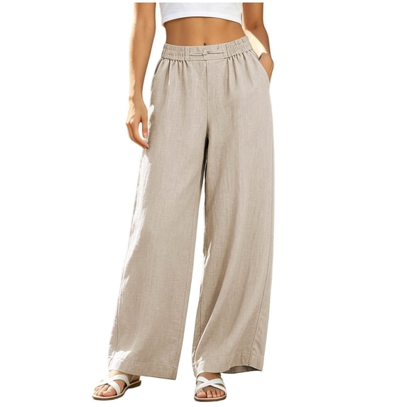 Kezqiaxn Plus Size Wide Leg Pants Summer Stretchy Elastic Waist Loose Casual Pants with Pockets Womens Trousers Fashion Clothing