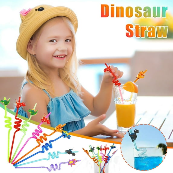 Kezqiaxn Reusable Drinking Straws, 8Pc Dinosaur Plastic Straws Party Favors Decorations Mammal Jungle Kids Birthday Dinosaur Party Supplies for Family Party Use