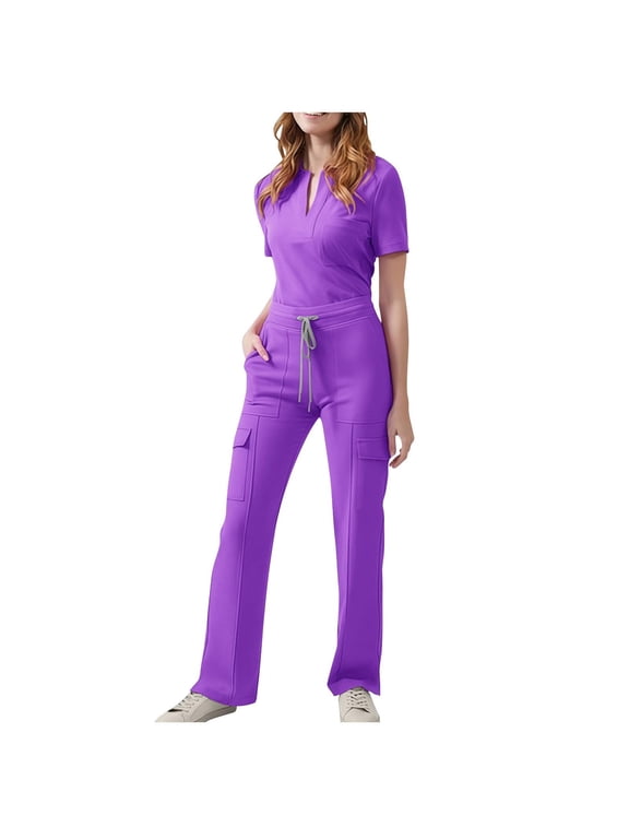 Scrub Suit Set for Women Short Sleeve V-Neck Tops Drawstring Pants Pockets Nurse Uniform Sets Summer Outfits