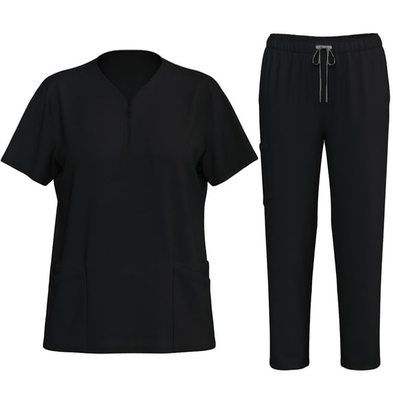Kezqiaxn Scrubs Set for Women Summer Zipper Short Sleeve V-Neck Tops and Pants Workwear Sets Nurse Uniform Outfits