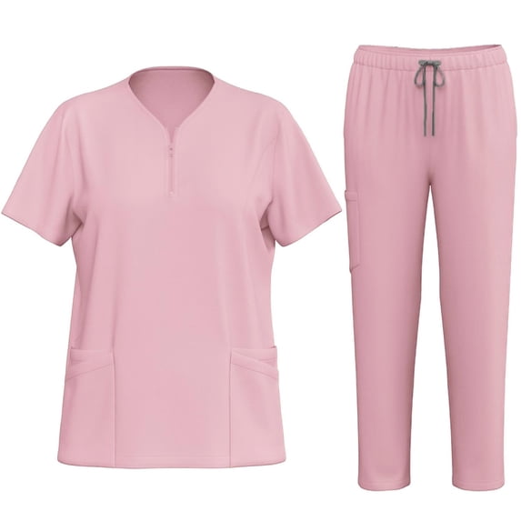 Kezqiaxn Scrubs Set for Women Summer Zipper Short Sleeve V-Neck Tops and Pants Workwear Sets Nurse Uniform Outfits