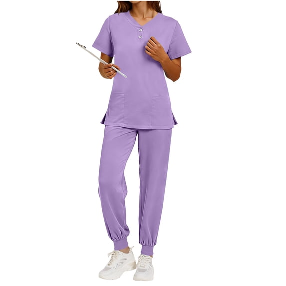 Kezqiaxn Scrubs for Women Set V-Neck Short Sleeve Tops and Pants Matching Sets Nursing Uniform Workwear Summer Outfits