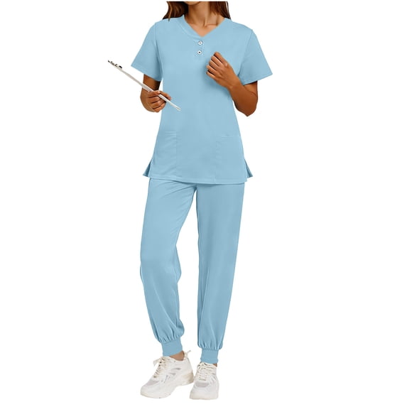 Kezqiaxn Scrubs for Women Set V-Neck Short Sleeve Tops and Pants Matching Sets Nursing Uniform Workwear Summer Outfits