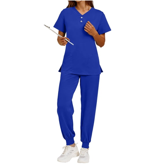 Kezqiaxn Scrubs for Women Set V-Neck Short Sleeve Tops and Pants Matching Sets Nursing Uniform Workwear Summer Outfits