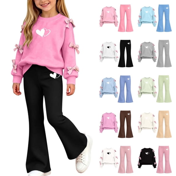 Kezqiaxn Sets for Girls Winter 2 Piece Outfits Cute Bowknot Long Sleeve Sweatshirts and Pants Matching Set Fashion Sweatsuits Size 5-15