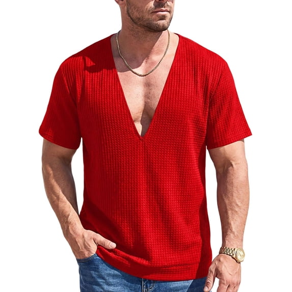 Kezqiaxn Shirts for Men Stretchy Short Sleeve V-Neck Casual Athletic Tops Plus Size Shirt Summer Beach Vacation