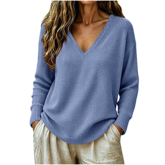 Kezqiaxn Shirts for Women Trendy Fashion Long Sleeve V-Neck Casual Pullover Tops for Fall and Winter Women's Clothes