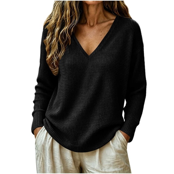 Kezqiaxn Shirts for Women Trendy Fashion Long Sleeve V-Neck Casual Pullover Tops for Fall and Winter Women's Clothes