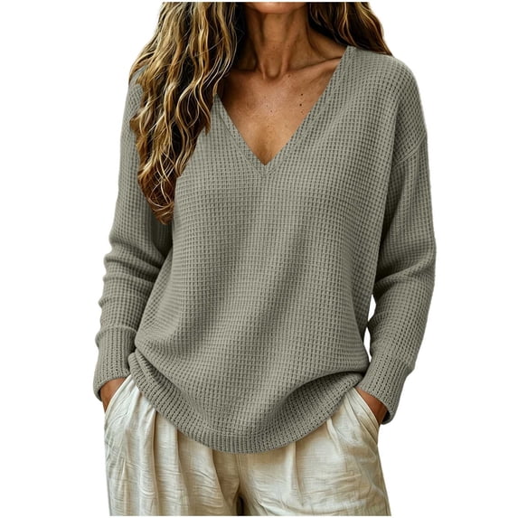 Kezqiaxn Shirts for Women Trendy Fashion Long Sleeve V-Neck Casual Pullover Tops for Fall and Winter Women's Clothes