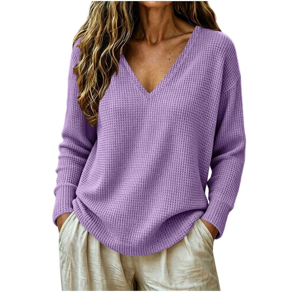 Kezqiaxn Shirts for Women Trendy Fashion Long Sleeve V-Neck Casual Pullover Tops for Fall and Winter Women's Clothes