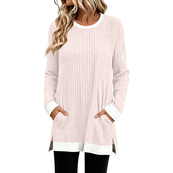 Kezqiaxn Shirts for Women Trendy Spliced Long Sleeve Crew Neck Knitted Casual Tops with Pockets Womens Blouses Winter Clothes