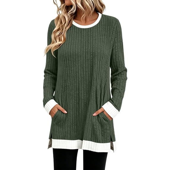 Kezqiaxn Shirts for Women Trendy Spliced Long Sleeve Crew Neck Knitted Casual Tops with Pockets Womens Blouses Winter Clothes