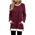thumbnail image 1 of Kezqiaxn Shirts for Women Trendy Spliced Long Sleeve Crew Neck Knitted Casual Tops with Pockets Womens Blouses Winter Clothes, 1 of 7