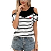 Kezqiaxn Short Sleeve Tops for Women Summer Off-Shoulder Striped Crew Neck Loose Shirts Business Dressy Work Blouses