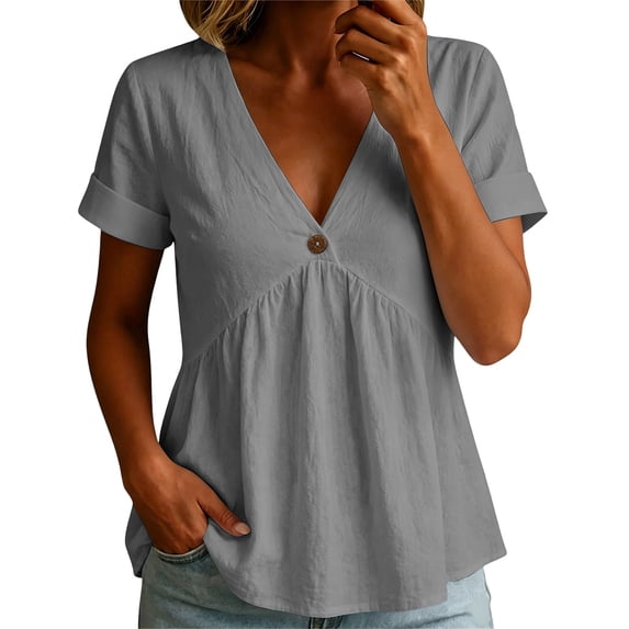 Kezqiaxn Short Sleeve Tops for Women Summer Ruched V-Neck Casual Button Up Shirt Business Dressy Work Blouses