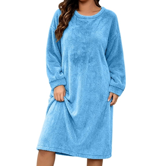 Kezqiaxn Sleep Shirts for Women Fleece Long Sleeve Warm Casual Nightgown Crew Neck House Dress Plus Size Nightgowns Womens Clothes Blue S