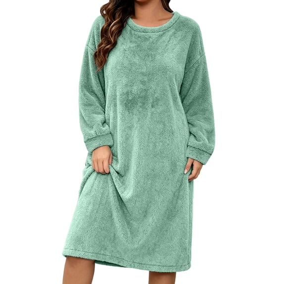 Kezqiaxn Sleep Shirts for Women Fleece Long Sleeve Warm Casual Nightgown Crew Neck House Dress Plus Size Nightgowns Womens Clothes Green L