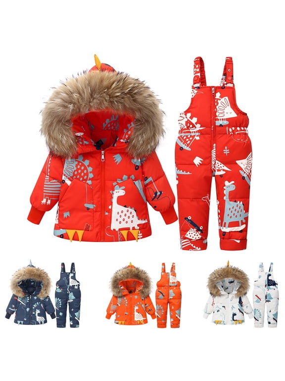 Snowsuit for Girls Fashion 2 Piece Matching Set Thicken Hooded Down Jacket and Bib Pants Snow Suit Winter Outdoor Toddler Outfits Size 1-6