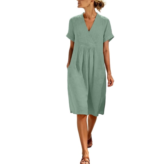 Kezqiaxn Summer Dresses for Women Plus Size Fashion V-Neck Short Sleeve Casual Beach Dress with Pockets Womens Sundresses