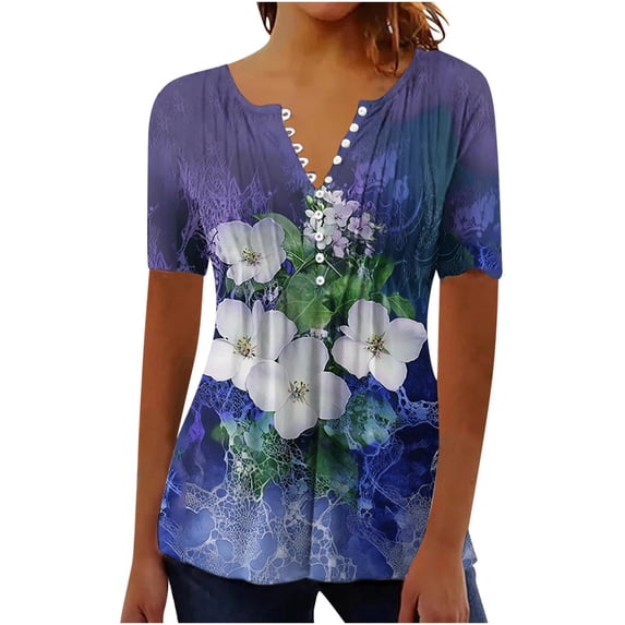 Kezqiaxn Summer Tops for Women Flora Short Sleeve Button Down Shhirts Pleated V-Neck Work Blouses Plus Size Fashion