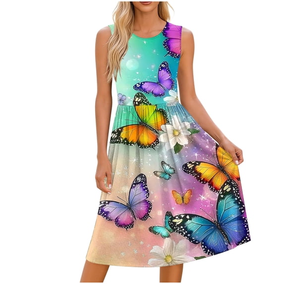 Kezqiaxn Sundresses for Women Casual Crew Neck Sleeveless Tank Boho Dress Womens Summer Dresses Beach Vacation Clothes