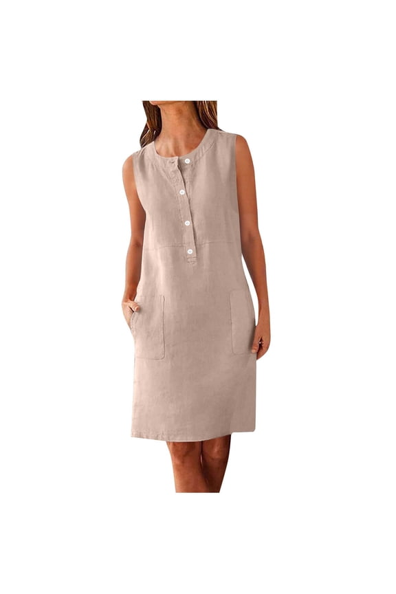 Sundresses for Women Fashion Sleeveless Crew Neck Button Down Dress with Pockets Beach Dresses Summer Clothes