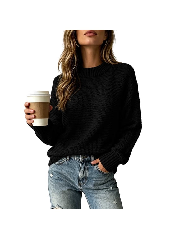 Sweaters for Women Winter Long Sleeve Loose Casual Knit Pullover Tops Oversized Sweater Womens Fashion Black A M