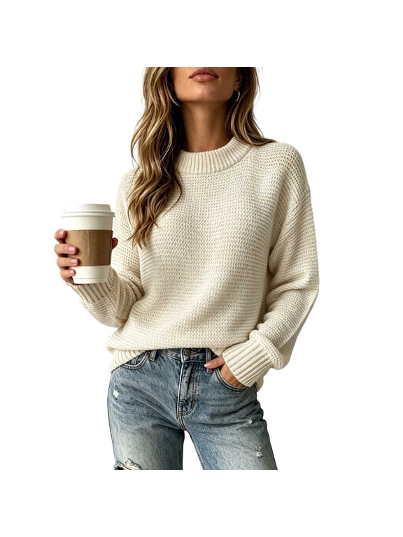 Sweaters for Women Winter Long Sleeve Loose Casual Knit Pullover Tops Oversized Sweater Womens Fashion White A XXL
