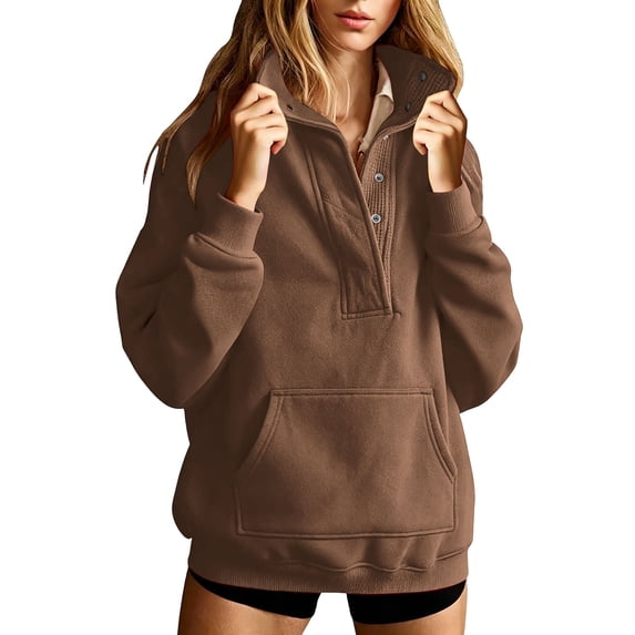 Kezqiaxn Sweatshirts for Women Fashion Button Long Sleeve Casual Athletic Tops with Pockets Oversized Sweatshirt Winter Clothes Coffee XL