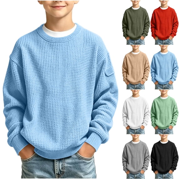 Kezqiaxn Teen Boy Clothes Long Sleeve Crewneck Sweatshirt with Pocket Fall Fashion Basic Pullover Tops School Kids Clothes Size 5-16
