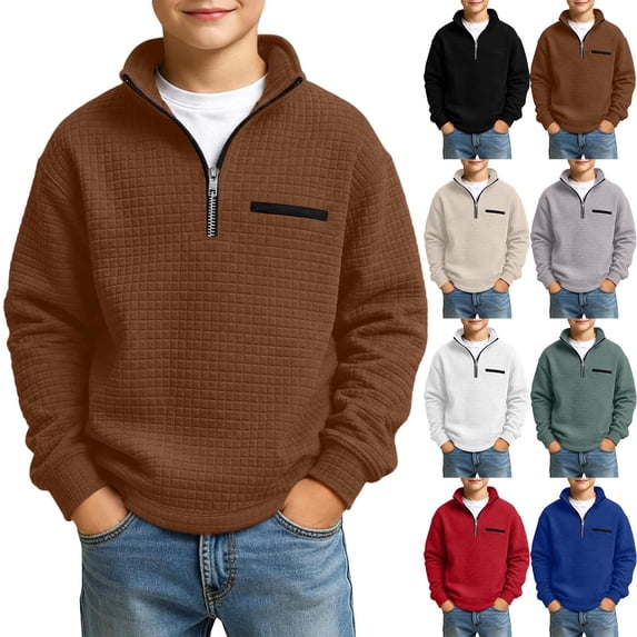 Kezqiaxn Teen Clothes for Boys Stand Collar Quarter Zip Sweatshirt Classic Waffle Pullover Tops Fall Fashion Size 3-14