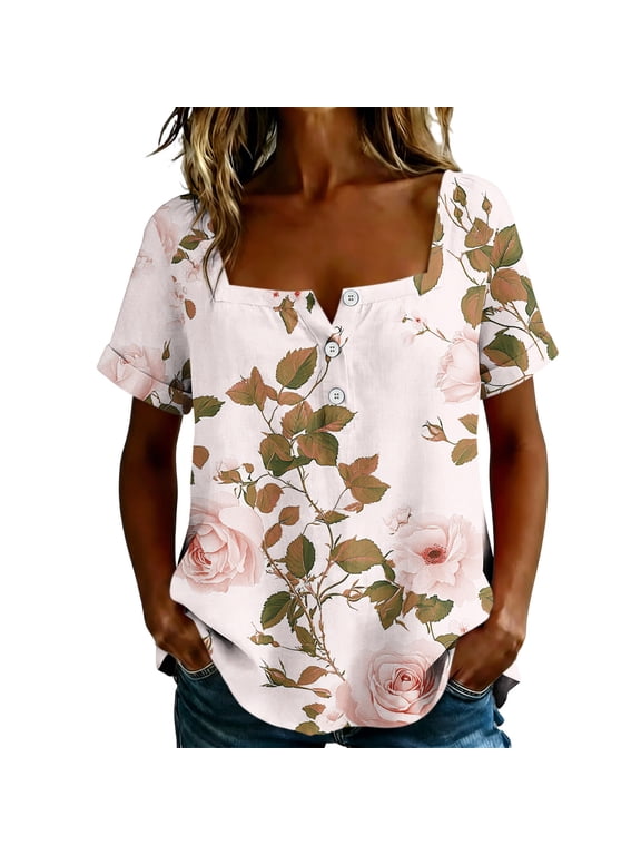 Tops for Women Trendy Flower Short Sleeve Square Neckline Button Down Shirts Plus Size Blouse Summer Clothes