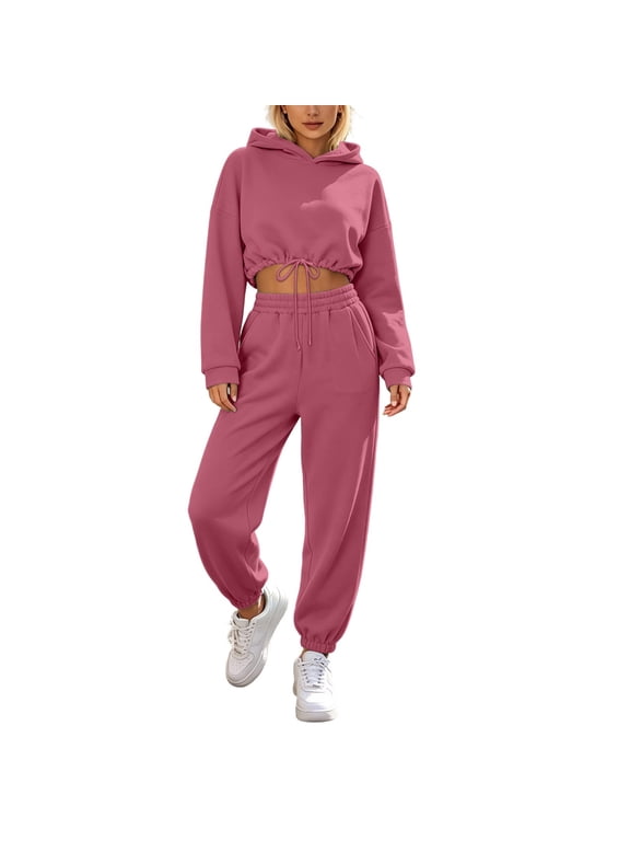 Track Suits for Women Set Fashion Long Sleeve Cropped Hoodie Tops and Sweatpants Fall Sweat Set Womens Outfits Pink XS