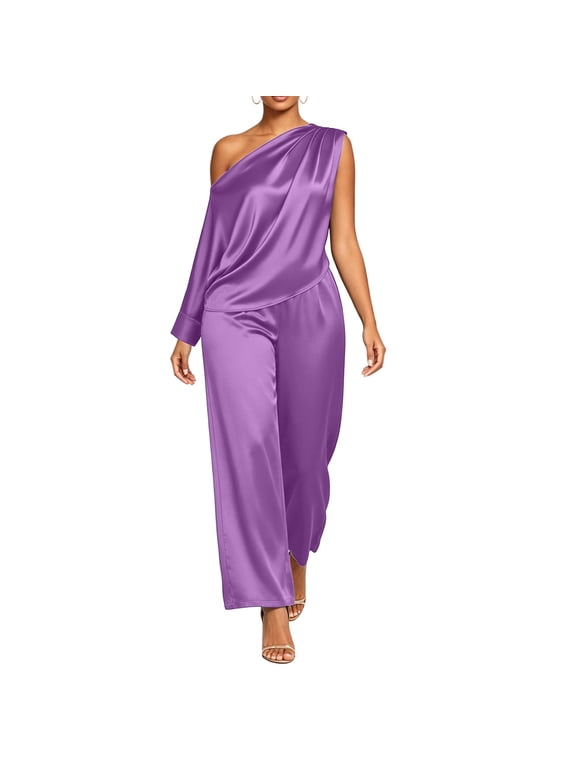 Travel Sets for Women 2 Piece Off-Shoulder Short Sleeve Casual Tops Crew Neck Wide Leg Pants Plus Size Summer Outfits