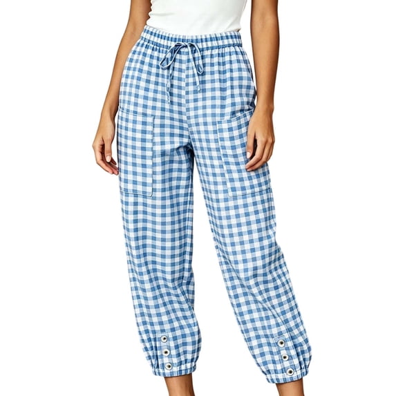 Kezqiaxn Trousers Pants for Women Summer Checkered Elastic Waist Loose Casual Pants with Pockets Fashion Clothing
