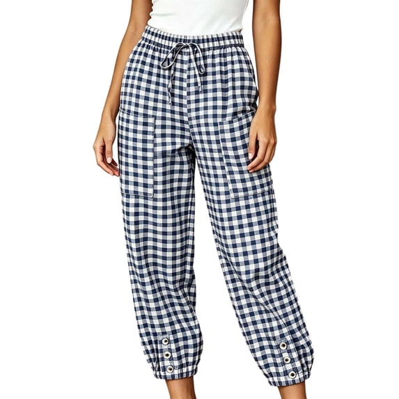 Kezqiaxn Trousers Pants for Women Summer Checkered Elastic Waist Loose Casual Pants with Pockets Fashion Clothing