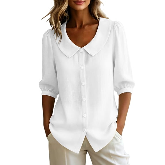 Kezqiaxn White Button Down Shirt Women Fashion Half Sleeve Collared Dressy Summer Tops Business Work Blouses