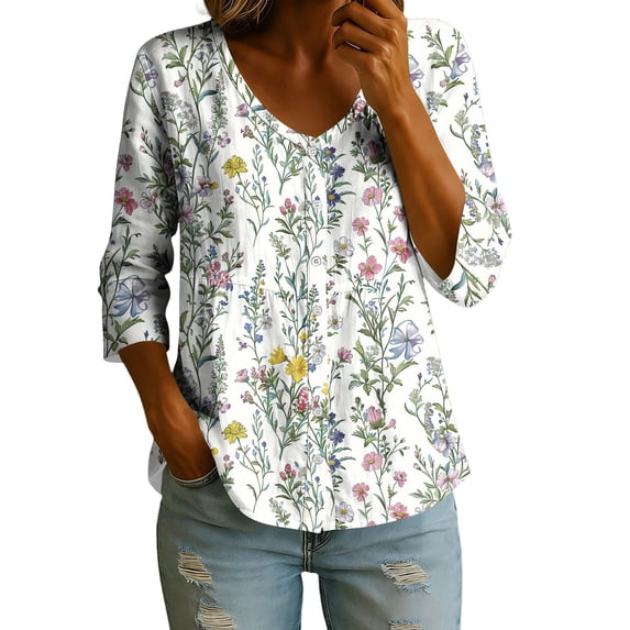 Kezqiaxn White Button Down Shirt Women Summer 3/4 Sleeve V-Neck Loose Blouse Summer Tops Dressy Casual