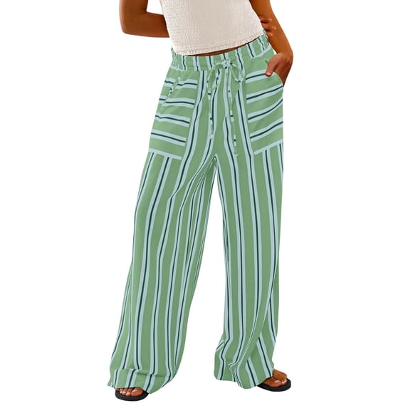 Kezqiaxn Wide Leg Pants Woman Summer Drawstring Striped High Waisted Casual Lounge Loose Pants with Pockets Women's Clothing