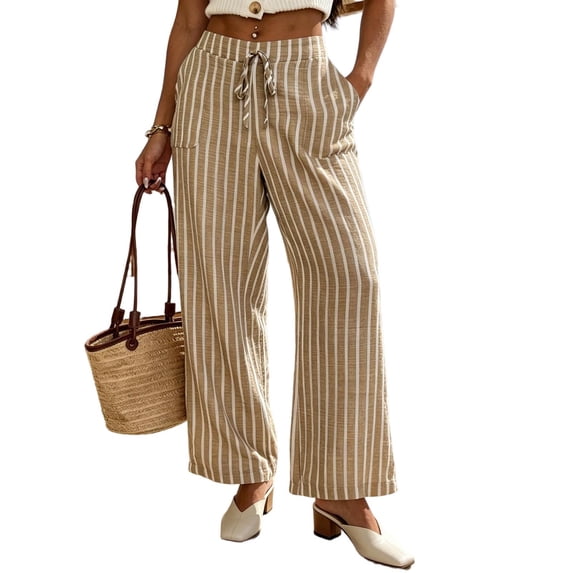 Kezqiaxn Wide Leg Pants for Women Fashion Striped Drawstring Elastic Waist Loose Casual Pants with Pockets Womens Trousers